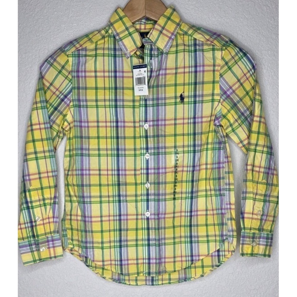 New Ralph Lauren Boys Button Down Shirt Yellow Plaid S/8 Long Sleeve